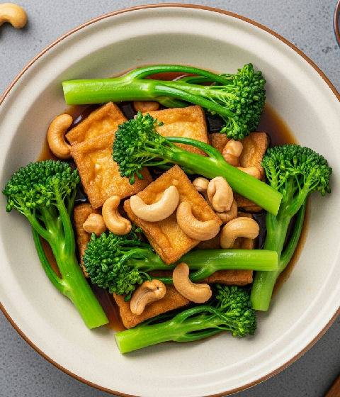 Stir-fried Firm Tofu with Gai Lan and Cashew Nuts in Fermented Bean Curd Sauce