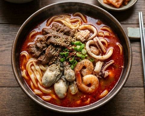 Busan Spicy Red Soup Seafood Knife-Cut Noodles with Korean Beef and Oysters