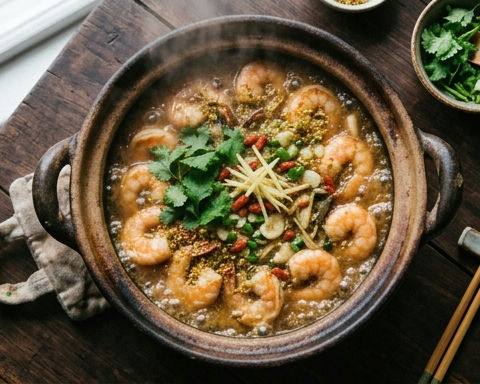 Clay Pot Prawns with Osmanthus Flower and Huadiao Wine