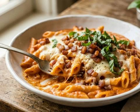 Tomato and Mozzarella Pasta with Fresh Basil and Pancetta