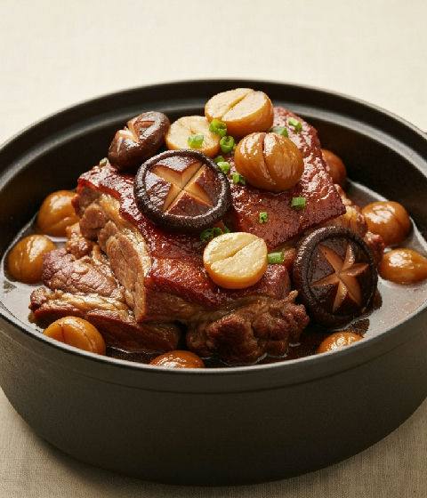 Braised Pork Shoulder Roast with Dried Shiitake Mushrooms and Chestnuts