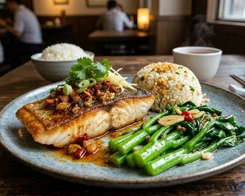 Pan-Seared Barramundi with XO Chilli Oil, Stir-Fried Gai Lan and Crispy Garlic Rice