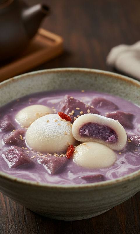 Taro and Purple Sweet Potato Mochi Balls in Coconut Milk