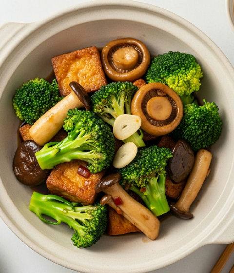 Stir-fried Crispy Tofu with Black Bean Sauce, Broccoli, and King Oyster Mushrooms