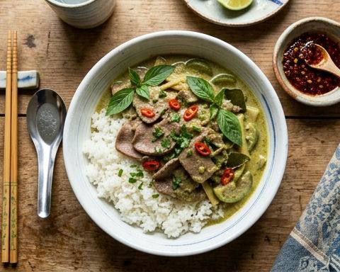 Beef Tongue Green Curry Rice with Chili Sauce