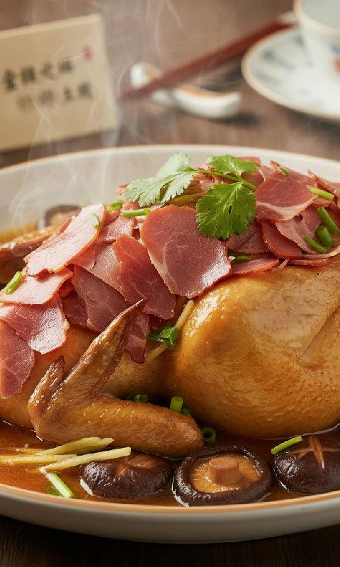 Steamed Whole Chicken with Chinese Ham and Mushrooms