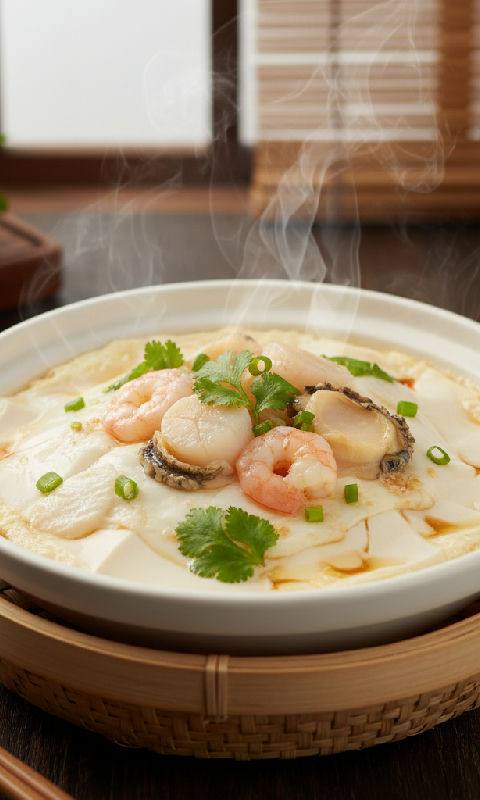 Steamed Silken Tofu with Mixed Seafood and Egg White