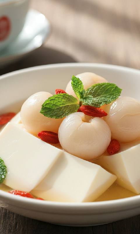 Almond Tofu with Lychee and Goji Berries
