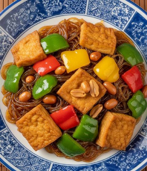 Braised Firm Tofu with Bell Peppers, Peanuts, and Glass Noodles in Fermented Bean Curd Sauce