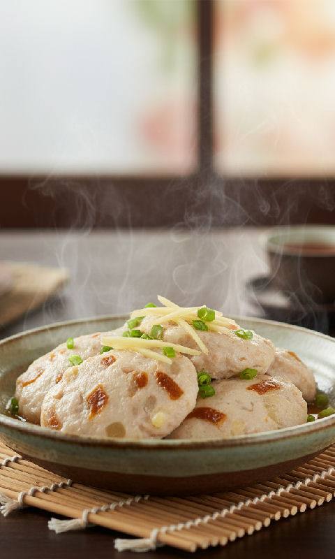Steamed Dace Fish Paste with Dried Orange Peel and Water Chestnuts