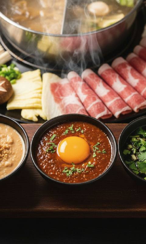 Three Hot Pot Dipping Sauces (Fermented Tofu Peanut Sauce, Satay Raw Egg Yolk, Soy Sauce with Coriander & Scallions)