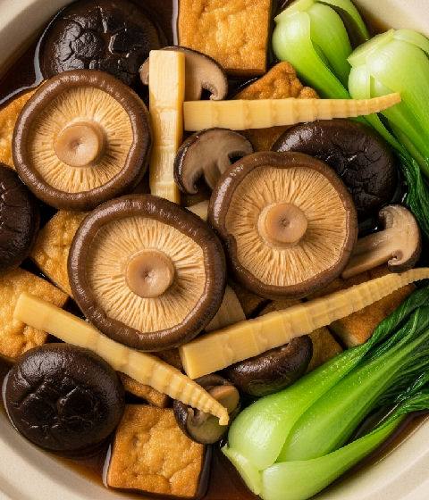 Braised Firm Tofu with Assorted Mushrooms and Bamboo Shoots in Fermented Red Bean Curd Sauce