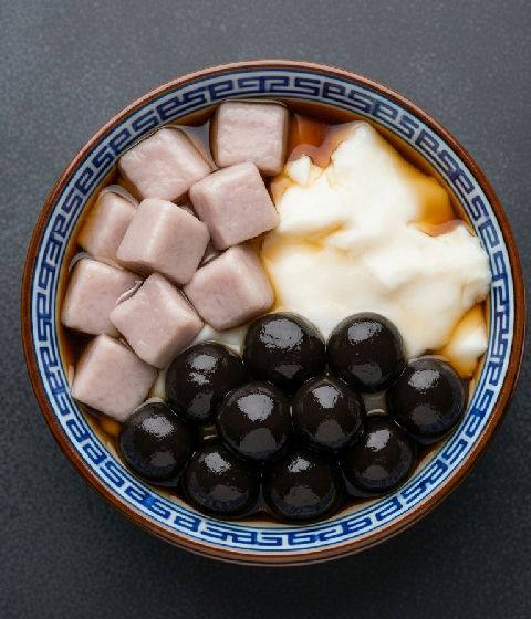 Sweet Taro and Coconut Milk Pudding with Black Sesame Mochi