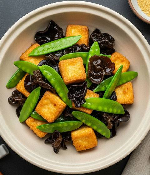 Stir-fried Crispy Tofu with Snow Peas and Wood Ear Mushrooms in Spicy Fermented Red Bean Curd Sauce