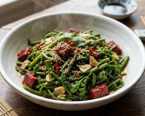 Stir-fried Water Fern with Fermented Bean Curd and Sesame Oil