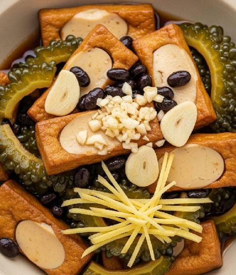 Braised Egg Tofu with Bitter Melon and Salted Black Beans