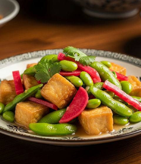 Stir-fried Tofu with Pickled Radish and Edamame