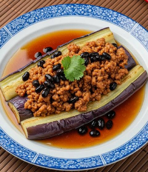 Steamed Eggplant with Vegetarian Minced Pork and Fermented Black Beans