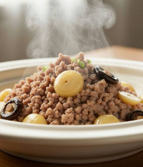 Steamed Minced Pork with Water Chestnuts and Dried Shiitake Mushrooms