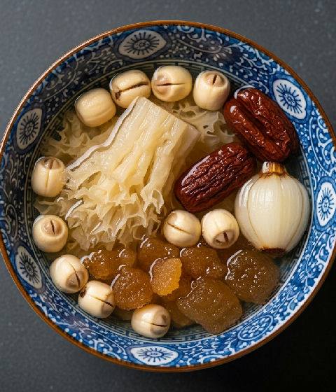 Rock Sugar Stewed White Fungus with Lotus Seeds and Lily Bulbs