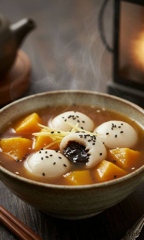 Sweet Potato and Ginger Soup with Black Sesame Glutinous Rice Balls