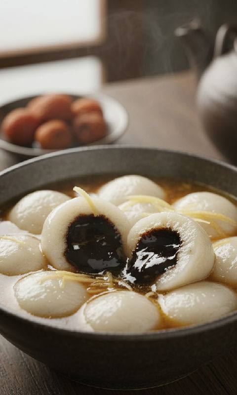 Black Sesame Glutinous Rice Balls in Ginger Syrup