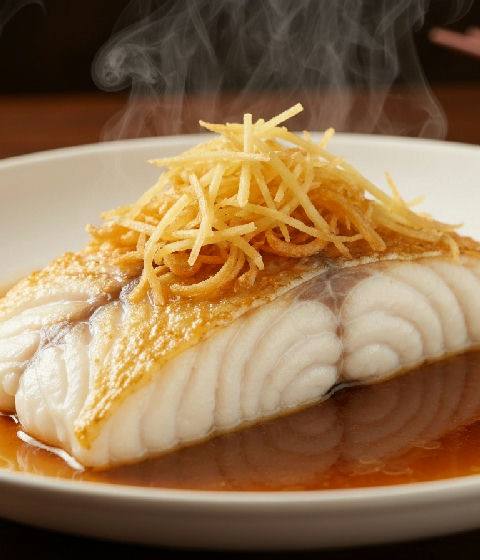Steamed Cod Fillet with Crispy Fried Ginger