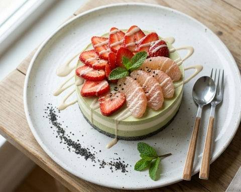 Cold Pomelo, Strawberry, Matcha and Sesame Milk Cake