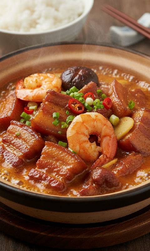 Braised Pork Belly with Shrimp Paste Claypot