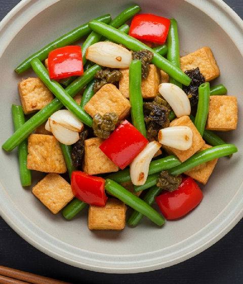 Stir-fried Firm Tofu with Preserved Olive Vegetable and Green Beans