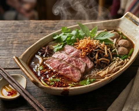 Tang's Bangkok Boat Noodles with Australian Wagyu and Mixed Mushrooms