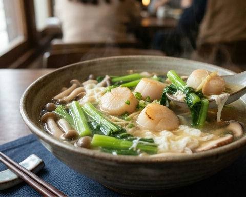 Choy Sum and Mushroom Soup with Egg White Scallops