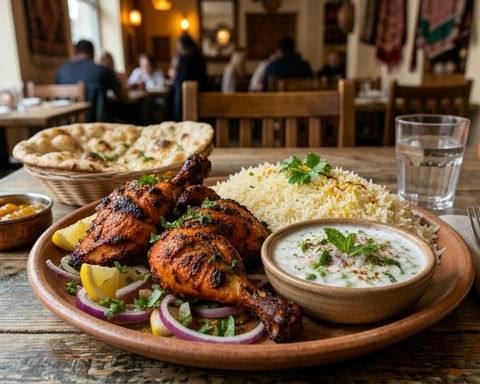 Indian Tandoori Chicken with Cucumber Raita and Basmati Rice