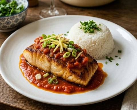 Pan-fried Cod with Tomato, Ginger and Scallion