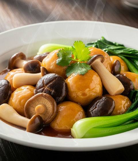 Braised Tofu Puffs and Mixed Mushrooms with Seasonal Greens