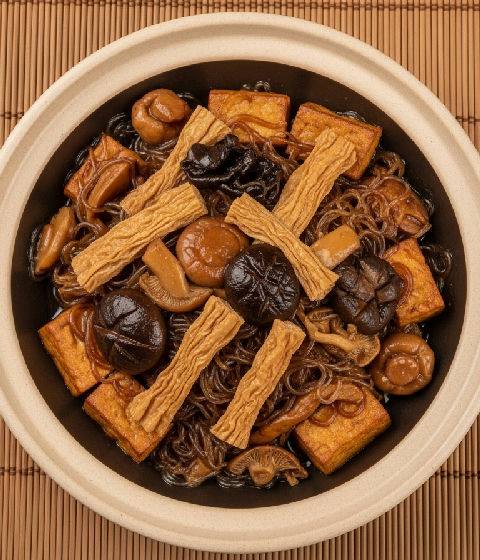 Claypot Braised Tofu with Assorted Mushrooms, Dried Beancurd Sticks and Glass Noodles