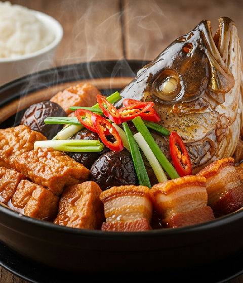 Claypot Braised Fish Head with Tofu and Roast Pork