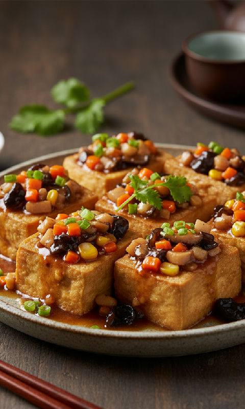 Pan-fried Stuffed Tofu with Mushrooms and Carrots