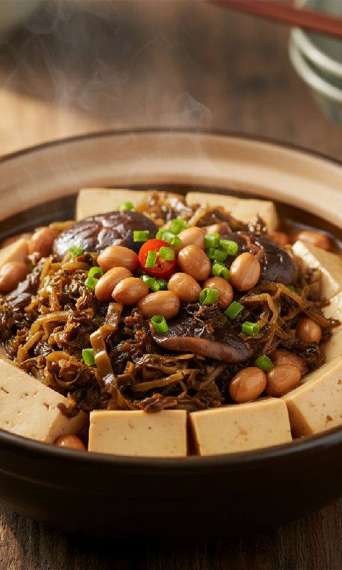Braised Tofu with Preserved Mustard Greens and Peanuts