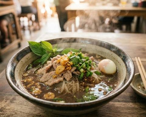 Bangkok-Style Boat Noodles with Pork and Crispy Garlic