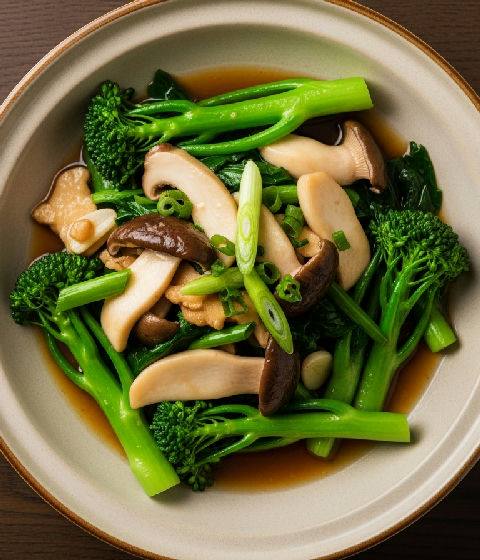 Stir-fried King Oyster Mushrooms with Gai Lan in Ginger Scallion Sauce