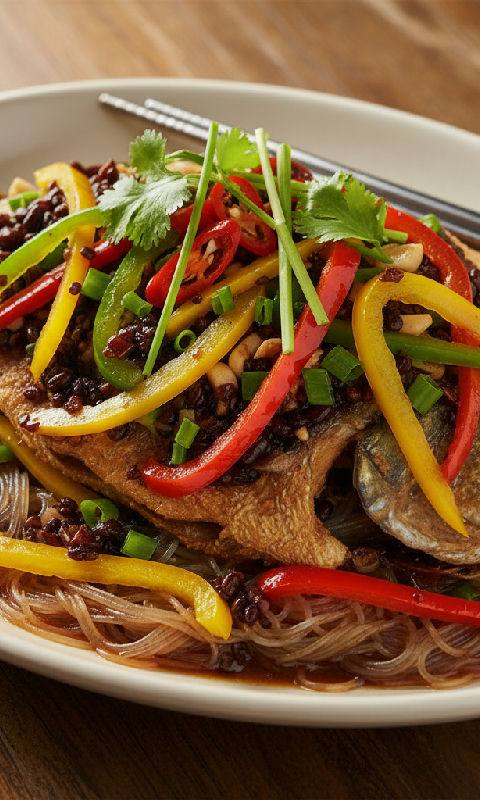 Steamed Dace with Black Beans and Three-Colored Bell Peppers