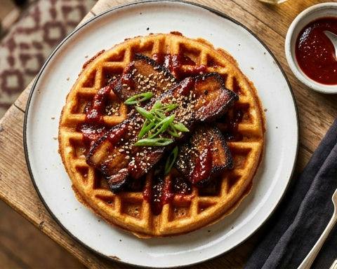 Crispy Pork Belly Korean-Style Waffles with Spicy Sauce