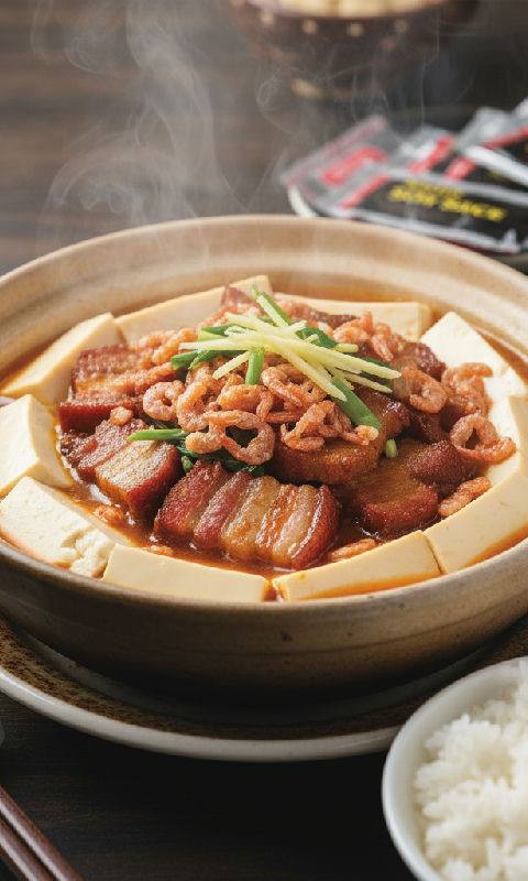 Braised Tofu with Roasted Pork Belly and Dried Shrimp