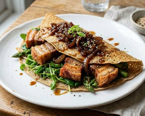 Pork Belly Spring Vegetable Crêpe with Caramelized Onions
