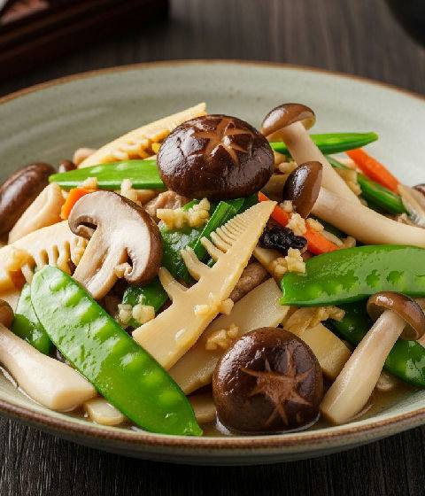 Stir-fried Assorted Mushrooms with Bamboo Shoots and Snow Peas