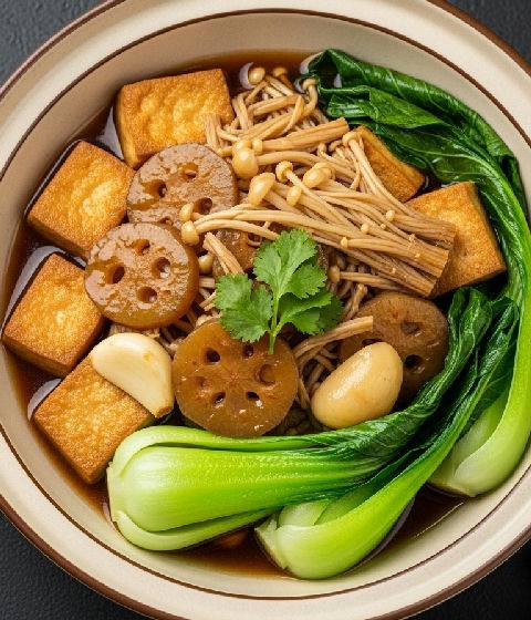 Braised Firm Tofu with Enoki Mushrooms and Water Chestnuts