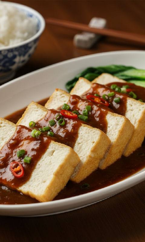 Braised Silken Tofu with Assorted Mushrooms and Snow Peas