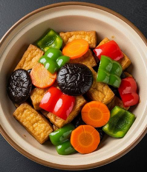 Wok-fried Crispy Egg Tofu with Black Bean Sauce and Mixed Vegetables