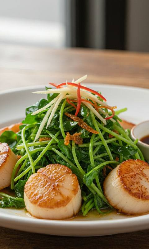 Stir-fried Pea Shoots with Dried Tangerine Peel Oil and Fresh Scallops